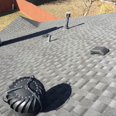 A completely upgraded roof on top of a home in Denton. The ventilation has been completely upgraded and the roof has architectural shingles.
